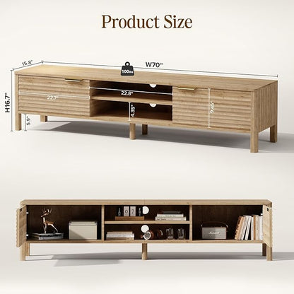 TV Stand for Living Room - up to 80 Inch TVs Mid Century Modern Entertainment Center with Storage and Adjustable Shelves, Media Console Table Oak 70"