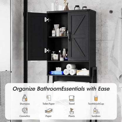 Over The Toilet Storage Cabinet with 2-Door Design Bathroom Organizers and Storage with Anti-Tip Device Over Toilet Organizer with Shelves for Bathroom,Restroom,Laundry Black