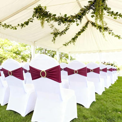 Burgundy Chair Sashes 50 Pack with Gold Buckle Slider, Spandex Wine Red Chair Bands Bows for Folding Chairs Wedding Party Banquet Décor