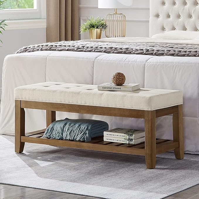24KF Large Rectangular Upholstered Tufted Linen Ottoman Bench, Padded Bench with Solid Wood Shelf-Ivory