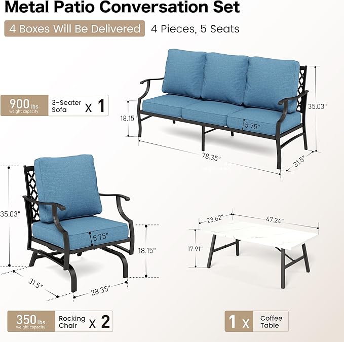 4 Piece Metal Outdoor Patio Furniture Set, Patio Conversation Set 1 3-seater Sofa, 2 Rocking Chair with 5.75" Extra Thick Cushion and Coffee Table, Black Frame Backyard Furniture, Navy