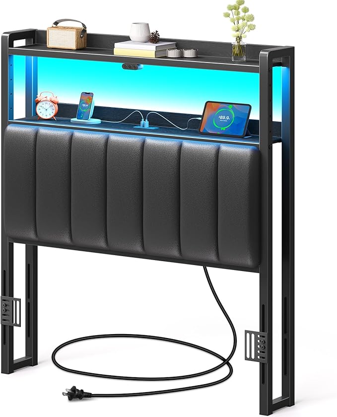 Rolanstar Headboard for Twin Size Bed with Storage, 60,000 DIY Color of LED Light, Head Board with USB & Type C Port, Height Adjustable, Black Upholstered Cabeceras de Cama Comfortable Modern, Leather