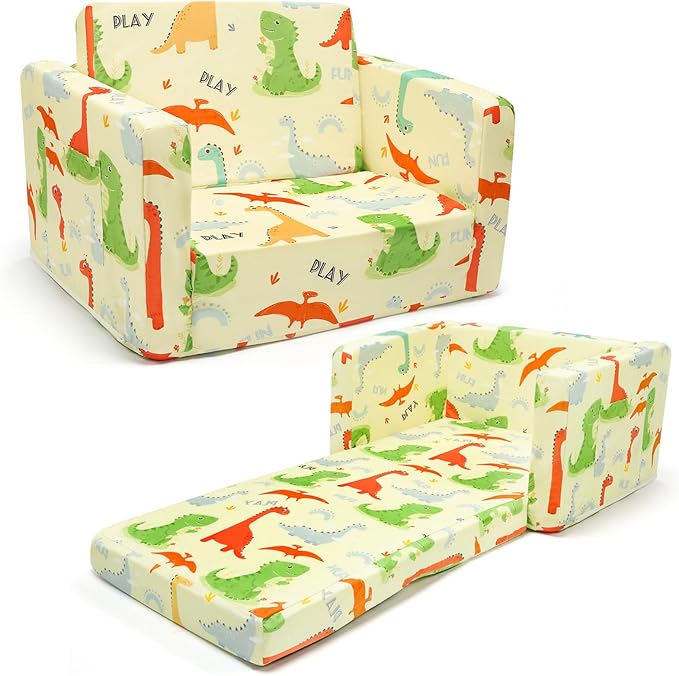 Dinosaur Kids Sofa Bed,Diary Kids Couch- Convertible 2-in-1 Lounger with Detachable Washable Cover, Foldable Toddler Chair, Flannel-Covered Toddler Armchair for Bedroom, Playroom, Naps & Travel