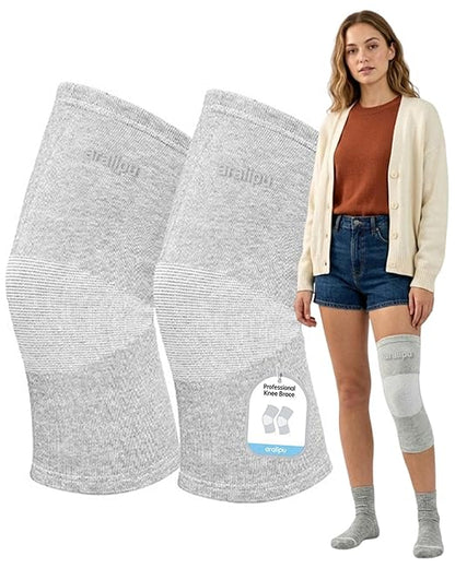 Bamboo Knee Sleeves 2-Pack Knee Compression Sleeve Women Men Elastic Warm Slip-on Recovery Knee Brace for Arthritis Knee Pain (Medium)