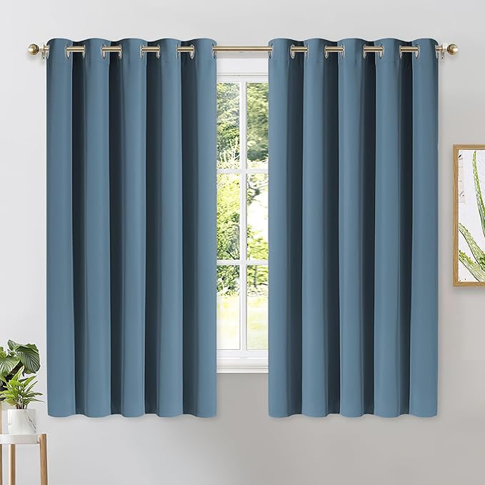 NICETOWN Blackout Curtain Panels for Bedroom, Smoky Blue, 2 Panels, W70 x L63-inch, Grey, Thermal Insulated Grommet Top Blackout Draperies and Drapes for Basement