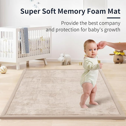 ACOMOPACK Baby Play Mat for Floor 1.3" Thick Memory Foam Play Mat 79"×118" Tummy Time Crawling with Non-slip Bottom for Living Room,Nursery,Soft Velvet Playpen Mats for Kids,Infants（Beige）