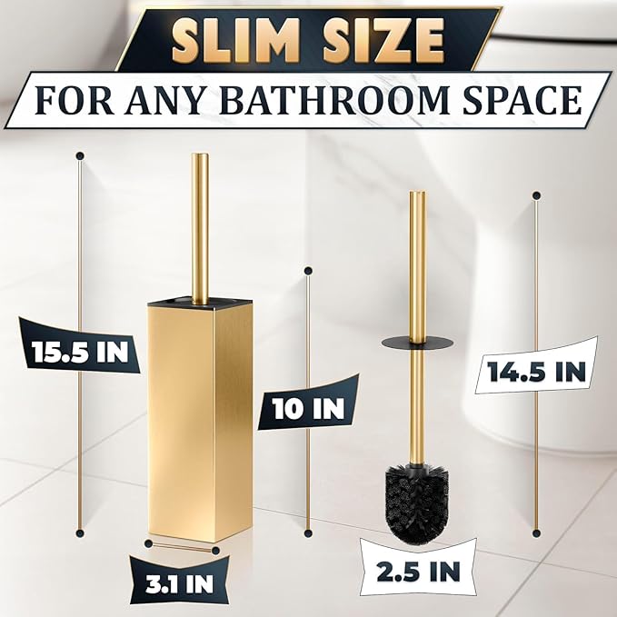 Stainless Steel Toilet Brush and Holder Set Gold & Square Design - Corrosion and Scratch-Resistant Gold Toilet Brush and Holder Set with Splash Protection - for Deep & Effective Bathroom Cleaning