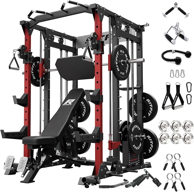 RitFit Buffalo Smith Machine Package, All-in-One Power Cage with Weight Stack , Power Rack with Cable Crossover & Leg Press Attachment for Home Gym