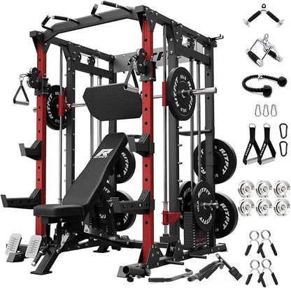 RitFit Buffalo Smith Machine Package, All-in-One Power Cage with Weight Stack , Power Rack with Cable Crossover & Leg Press Attachment for Home Gym
