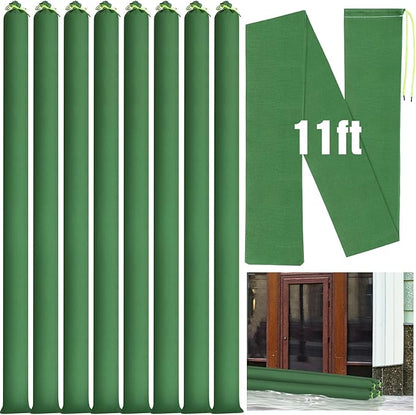 Threan 8 Pcs Long Canvas Sandbags for Flooding Sand Tube Bags Flood Protection Thickened Reusable Rain Wind Flood Barrier with Elastic Band Water Barrier Tube for Door Rain Control, Green (11ft)