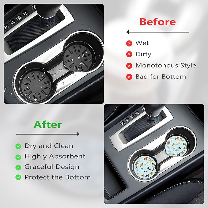 Car Cup Holder Coasters, 2 Pcs Ceramic Coasters with Finger Slot and Cork Back, Anti-Slip Shock Absorbing Women and Men Universal Car Accessories - Cute Dog Circle