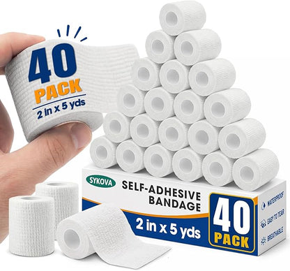 40 Pack Self Adhesive Bandage Wrap, 2 Inch Strong Compression Self Adherent Tape in White, Elastic Athletic Support for Wrist Ankle and Swelling Relief, Ideal for Wrist Ankle Thumb Support