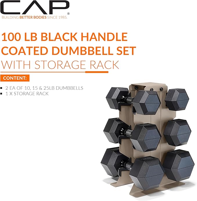 CAP Barbell Rubber Coated Hex Dumbbell Set with Vertical Rack | 100-300 lbs Free Weights Dumbbells Set for Home Gym | Multiple Options