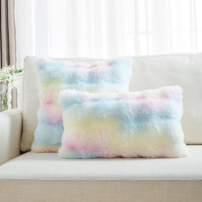 FUTEI Rainbow Decorative Throw Pillow Covers 12x20 Inch Set of 2,Soft Fuzzy Faux Rabbit Fur Pillow Case with Raised Texture,Neutral Boho Home Decor for Couch Bed Living Room