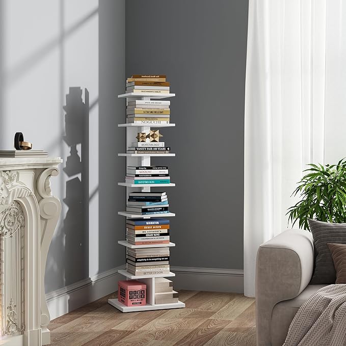 TUTOTAK Narrow Bookshelf, 8-Tier Bookcase, Spine Book Shelf for Small Space, Corner Standing Shelf for Living Room, Office, Study, Entryway, White BS06BW008