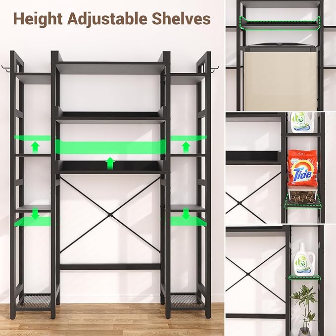 Over The Toilet Storage with 2 Drawers - 11 Tier Bathroom Organizer Freestanding Space Saver Storage Rack with Adjustable Shelf Above Toilet Stand with 4 Hooks for Restroom, Laundry, Black