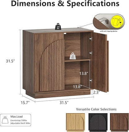 WIN2WIN Fluted Sideboard Buffet Cabinet with Storage, 31.5" Mid Century Modern Accent Cabinet with Double-Layered Arch Door, Small Wood Console Credenza for Dining Living Room Entryway Hallway, Walnut
