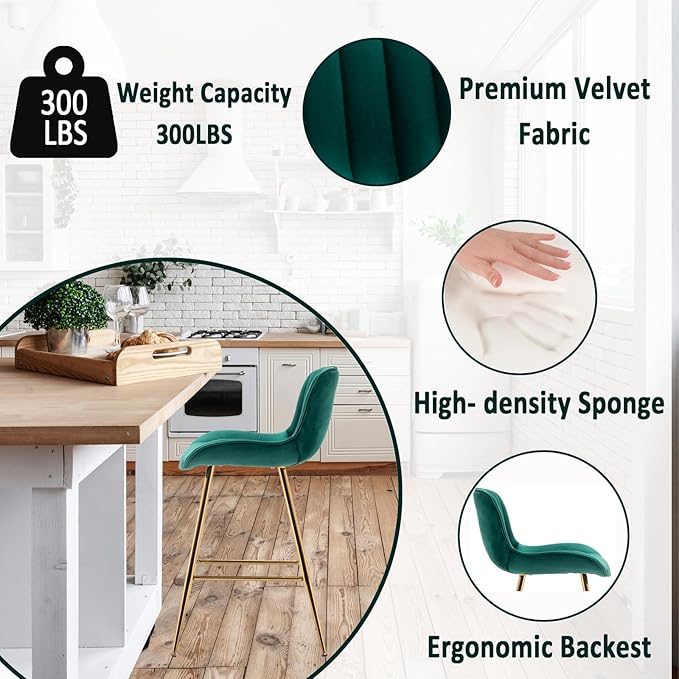 Sidanli Counter Height Bar Stools Set of 2, Modern Velvet Barstools with Back, 24 inch Seat Height Comfortable Island Stools with Gold Legs, Green