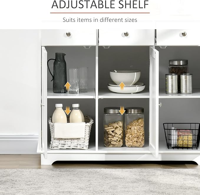 HOMCOM Sideboard with Solid Wood Countertop, Modern Kitchen Storage Cabinet, Coffee Bar Cabinet with 3 Drawers, Doors and Adjustable Shelf, White