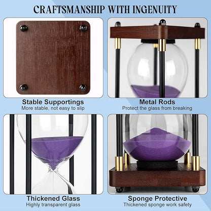 60 Minutes Sand Hourglass Timer, Vintage Sand Clock 60 Minutes, Large White Sander with Wooden End Caps, Hour Glass Sandglass Timer for Games Classroom Kitchen Decor (Purple Sand)
