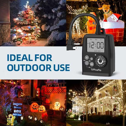 TiFFCOFiO New Digital Outdoor Timer Outlet, Dial Programmable Method, Outdoor Light Timer Waterproof, 2 Grounded Electrical Outlets for Christmas Lights, 6 Sets of Programs, 15A/1875W (2 Packs)