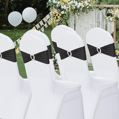 Howhic Pack of 60 Spandex Chair Sashes Bows Stretch Chair Cover Band with Buckle Slider Universal Elastic Chair Ties for Wedding Banquet Party Event Decoration (Black)