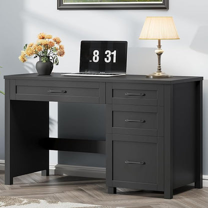 Vabches Farmhouse 47" Executive Desk, Computer Desk with File Drawer and Charging Station, Workstation for Home Office, Study,Pure Black.