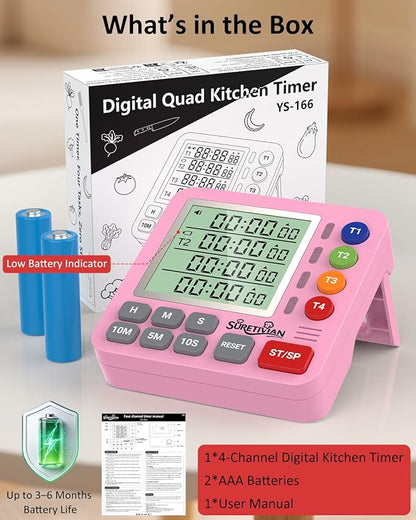 Digital Kitchen Timer for Cooking - 4 Channel Count Up Countdown Timer with Loud Alarm and Silent Mode, Large Display, Magnetic Back, Auto Memory for Classroom Study Gym, Battery Included (Pink)