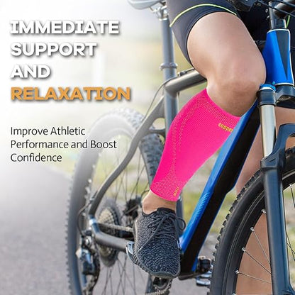 Copper Calf Compression Sleeves for Men & Women - High Stretch Graduated Compression with Anti-Slip Grip | Breathable & Smooth Lining Footless Design for Runners, Shin Splints, Leg Fatigue & Travel (Pink, X-Large)