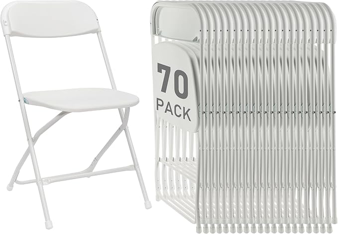 70 Pack White Plastic Folding Chairs, Portable Party Chairs, Stackable Commercial Seats with Steel Frame for Home Office Wedding Party Indoor Outdoor Events Chairs, 350lbs Capacity