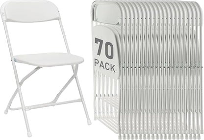 70 Pack White Plastic Folding Chairs, Portable Party Chairs, Stackable Commercial Seats with Steel Frame for Home Office Wedding Party Indoor Outdoor Events Chairs, 350lbs Capacity