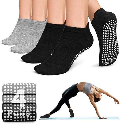 yeuG Pilates Socks for Women Non Slip Grip Socks for Yoga, Barre, Hospital, Barefoot Grippy Yoga Sock Womens Gifts 4 Pairs