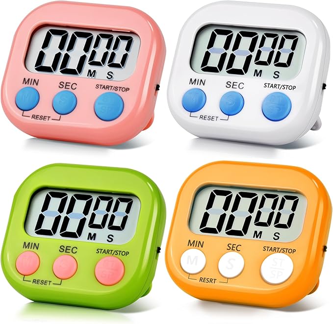 4 Pack Digital Kitchen Timer Magnetic Digital Timer with Big Display Loud Ring Cooking Timers for Cooking, Game, Gym, Break Time, Classroom(4, Pink, Green, Orange, White)
