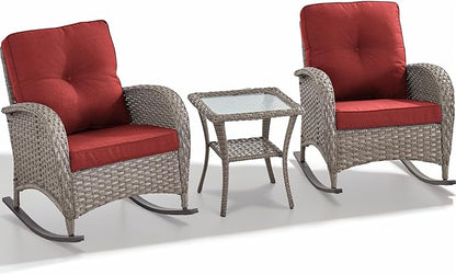 HUMMUH Outdoor Bistro Set-High Back Outdoor Rocking Chair with Side Table Patio Table and Chairs Set for Deck Lawn Porch Balcony Poolside-Grey/Red