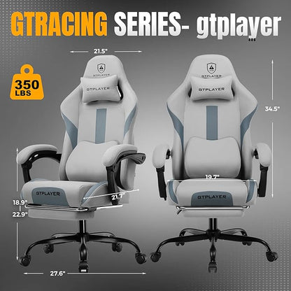 GTRACING Gaming Chair with Foot Rest & Pocket Spring Cushion, Breathable Fabric for Home Office Desk, Ergonomic High Back Computer Chair with Headrest & Lumbar Support, Gray
