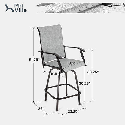 PHI VILLA Outdoor Swivel Patio Bar Stools Set of 6, 30 Inch Bar Height Tall Patio Chairs with Back & Armrest, Durable Textilene Fabric in Grey for Deck Lawn Garden