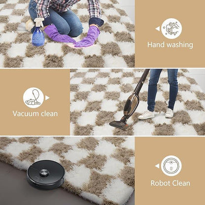 4x6 Checkered Area Rugs for Bedroom, Fluffy Beige and White Checkered Rug Fuzzy Shag Shaggy Carpets for Living Room, Soft Plush Furry Rug for Boy Girls Room Dorm Home Decor