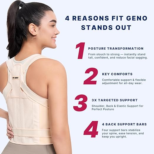 Fit Geno Back Brace Posture Corrector for Women & Men: Shoulder Straightener Adjustable Full Back Support Pain Relief - Scoliosis Hunchback Spine Corrector (Medium)