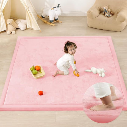 1.3" Thick Baby Floor Play Mat, 59x79 Padded Foam Tummy Time Crawling Mat, Non-Slip Water-Repellent Soft Plush Nursey Area Rug for Playroom Bedroom Living Room (Pink)