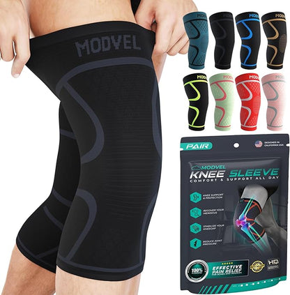 Modvel Knee Braces for Knee Pain Women & Men - 2 Pack Knee Brace for Knee Pain Set, Knee Brace Compression Sleeve, Knee Support for Knee Pain Meniscus Tear, ACL & Arthritis Pain Relief,Black XXXL