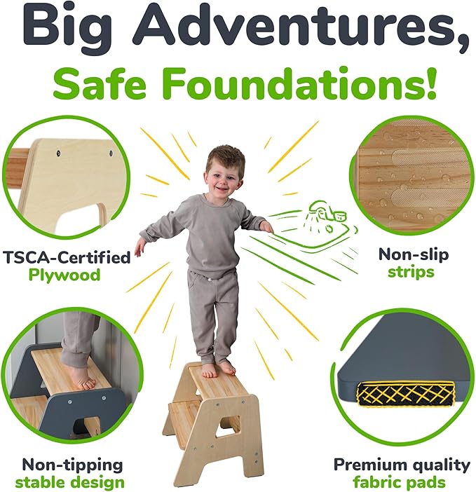2-Step Wooden Step Stool for Toddlers | Kids Stool for Bathroom Sink & Kitchen Use | Non-Slip Step | Wooden Stool for Children Ages 2+ Years Varnished