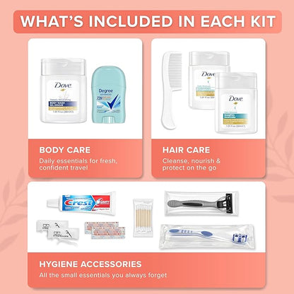 TrekTote Womens Bulk Travel Hygiene Kits 12 Piece, Travel Size Toiletries Set with Cosmetic Bag, Bulk Case Pack Pre Assembled Care Kits