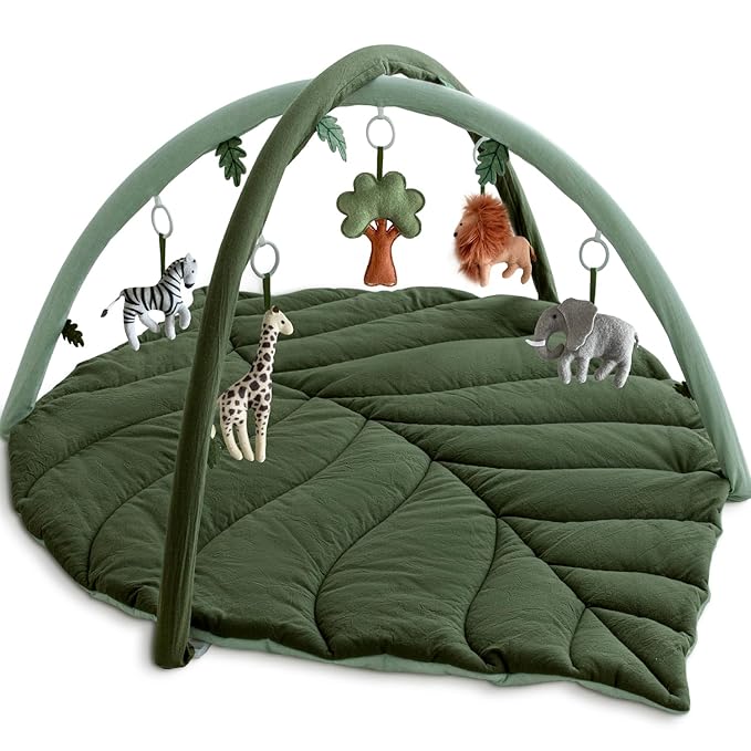 Baby Play Gym with Mat Leaf Shaped, Baby Play Mat with 5 Hanging Toys Tummy Time Mat, Baby Gym Activity Center, Washable (Green)