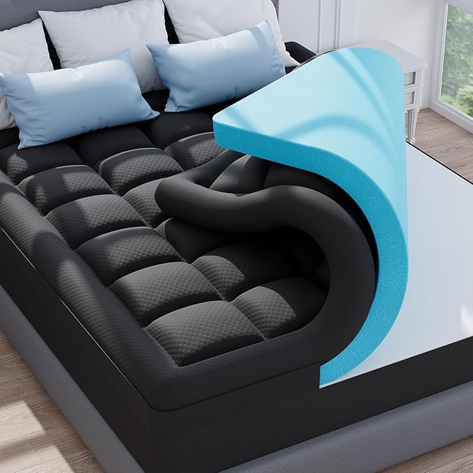 ELEMUSE 3 Inch Dual Layer Memory Foam Mattress Topper King, 2 Inch Cooling Gel Memory Foam Plus 1 Inch Down Alternative Pillowtop Mattress Pad with Cooling Cover, Soft Comfort Support, Black