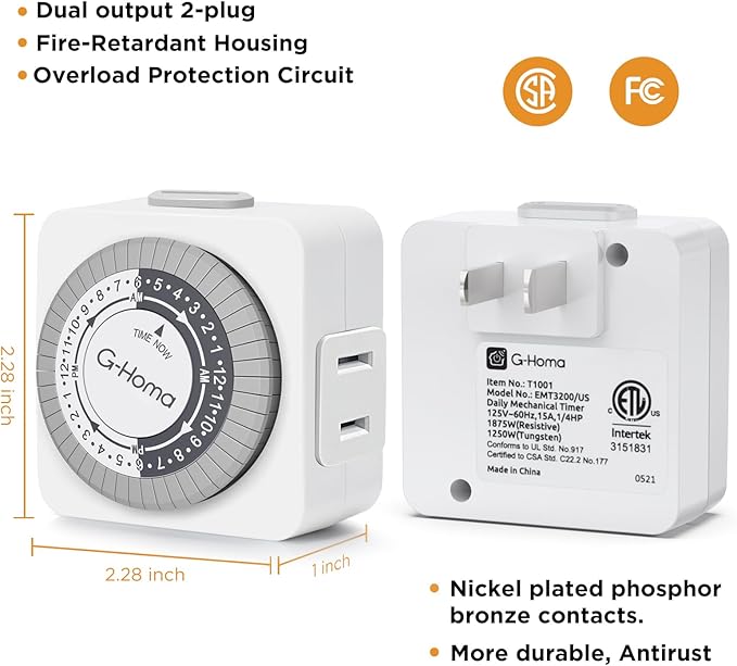 G-Homa Timers for Electrical Outlets,24 Hour Indoor Plug-in Mechanical Timer,30 Minute Intervals, Daily On/Off Cycle,1 Polarized Outlet, for Grow Light,Christmas Lights, Lamps (ETL Listed) 2 Pack