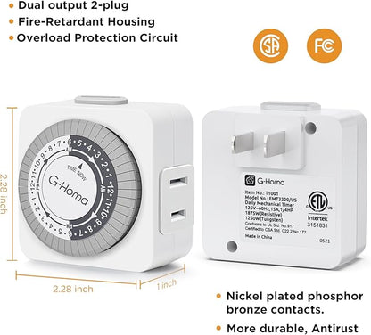 G-Homa Timers for Electrical Outlets,24 Hour Indoor Plug-in Mechanical Timer,30 Minute Intervals, Daily On/Off Cycle,1 Polarized Outlet, for Grow Light,Christmas Lights, Lamps (ETL Listed) 2 Pack