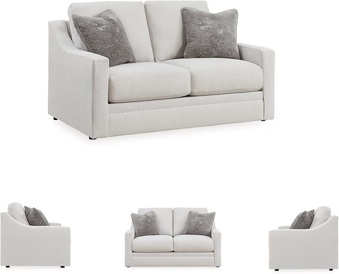Signature Design by Ashley Maitelynn Contemporary Loveseat with Accent Pillows, Reversible Cushions and Sloped Arms, Light Gray