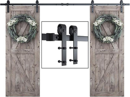 SMARTSTANDARD 10FT Double Barn Door Hardware Kit, Sliding Door Track-Smoothly and Quietly -Includes Detailed Installation Fit 30" Wide Door Panel(J Shape Hanger) Black