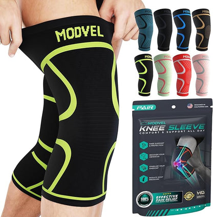 Modvel Knee Braces for Knee Pain Women & Men - 2 Pack Knee Brace for Knee Pain Set, Knee Brace Compression Sleeve, Knee Support for Knee Pain Meniscus Tear, ACL & Arthritis Pain Relief,Green M
