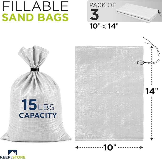 Heavy Duty Sand Bags Pack of 3, White Empty Sandbags with Built-In Ties, Woven Polypropylene UV Protection 1600 Hours, Fillable Bags for Flood Control, Weight, 12x20 inches, 25 Pounds Volume